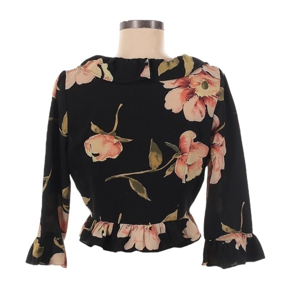 LF Seek The Label Floral Boho Black Ruffled Faux Wrap Crepe Crop Top Size S - Picture 2 of 11